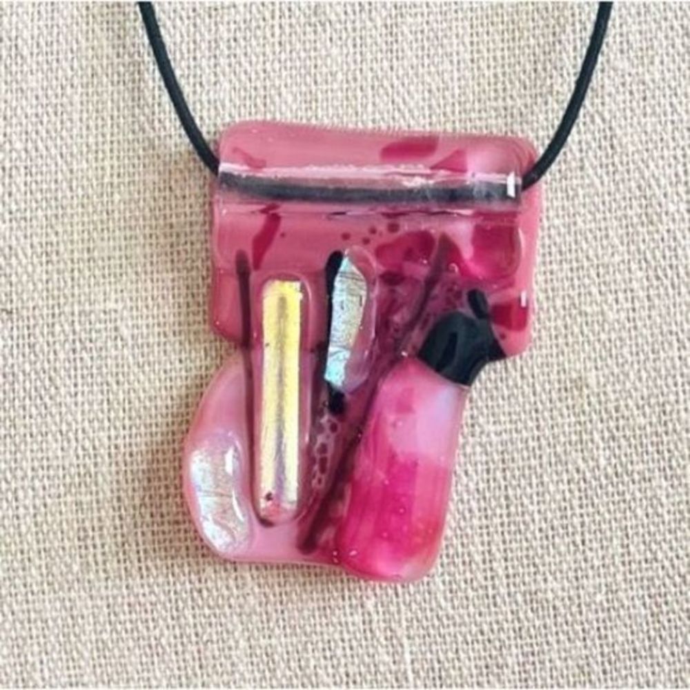 NEW Artist Made Pink Mixed Media Fused Glass Statement Necklace on Stretch Cord - Picture 8 of 8